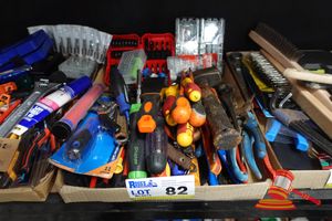 82 · TRAY OF ASSORTED TOOLS, INCLUDES: SCREWDRIVER SETS, IMPACT DRIVER BITS IN RED CASES, WRENCHES, PLIERS, FLASHLIGHT, NUT DRIVERS, VARIOUS HAND TOOLS (SOME MARKS, SOME RUST)