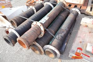 99 · 8 X INDUSTRIAL RUBBER HOSE ASSEMBLY, FLANGED ENDS, APPROX 1.5M L X 20CM D (USED, SOME CORROSION TO FLANGES), ON A PALLET