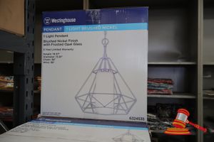 WESTINGHOUSE LIGHT PENDANT, BRUSHED NICKEL FINISH WITH FROSTED OPAL GLASS, HEIGHT: 19.37", DIAMETER: 15.91", CHAIN: 36", WIRE: 36", CODE: 632435