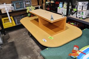 93 · 1 X WOODEN DESK APPROX 2M X 1M PLUS 2 TIER WHEELED OPEN CABINET APPROX 1800 MM X 500MM SOME MARKS)
