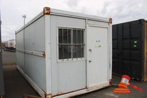 7 · Transportable Fold Out Container/Site Office, Approx: 5.8m x 2.5m x 2.4m, Single Door, Air Conditioner, Electric Outlets, Ceiling Lights, Wall Mounted Shelving. Note: New Flooring with Roll of Vinyl. (*Note: Buyer to Remove by Tiltray at Own Expense*)