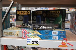 BUNDLE OF TOYS INCLUDING: 1x CASINO GAMES, 2x BINGO GAMES, 1x SOLID WOOD MANCALA, 1x ABALONE GAME AND 2x TRADITIONAL LUDO GAMES, ALL UNOPENED