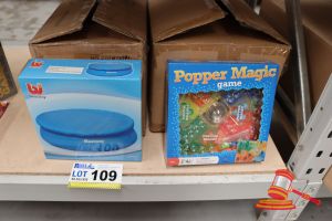 BOX OF POPPER MAGIC GAMES AND BOX OF BESTWAY POOL COVERS, ALL UNOPENED