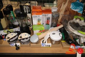 110 · TRAY OF ASSORTED KITCHEN ITEMS INCLUDING 5 X PORTABLE BLENDERS INCLUDING NINJA & ANKO, 4 X CHOPPER/CUTTERS, ROLLING PIN & PIZZA CUTTER. UNTESTED