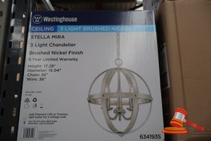 Westinghouse 3 Light Chandelier, Brushed Nickel Finish, Height: 17.28", Diameter: 15.04", Chain: 36", Wire: 36", Code: 6341936