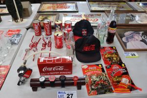 27 · LOT OF COCA-COLA COLLECTIBLES, INCLUDES: 2 X COCA-COLA CAPS (BLACK WITH RED LOGO), COCA-COLA SALT & PEPPER SHAKERS, COCA-COLA WOODEN CYLINDER WITH WATCH/BOTTLE OPENER, 3 X COCA-COLA MINI EXTREME BOARD TOYS (SKATEBOARD, BIKE, FANTA SKATEBOARD), ASSORTED CO