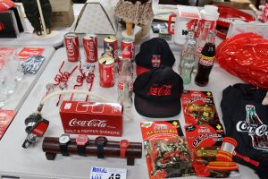 BUNDLE OF COCA-COLA ITEMS INCLUDING: TOYS, STRAWS, WATCHES, HATS, CANS, BOTTLES ETC