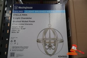 314 · WESTINGHOUSE 3 LIGHT CHANDELIER, BRUSHED NICKEL FINISH, HEIGHT: 17.28", DIAMETER: 15.04", CHAIN: 36", WIRE: 36", CODE: 6341939