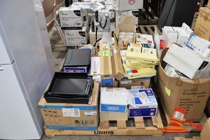 73 · PALLET OF VARIOUS OFFICE ITEMS INCLUDING TAPE , COPYING PAPER SYNTHETIC BAGS , MEGAPHONE, ENVELOPES , MULTIPLE STAMPS ( DATE, ENTERED, RECEIVED ETC ), MANILA FOLDERS, ENVELOPES, STATIONARY BINDERS, ETC