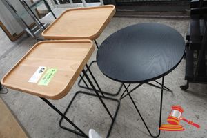 2 X TIMBER TOP SIDE TABLES WITH BLACK METAL LEGS, APPROX; 430MM D X 330MM W X 620MM H, AND 1 X BLACK SIDE TABLE, ROUND TOP WITH METAL WIRE LEGS, APPROX; 410MM D X 550MM H, SOME MARKS