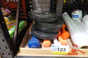 Approx 6 X Vinyl Coated Dumbbells 4 X Barbell Weight Plates, Includes: 2.5kg Plates (Some Marks)
