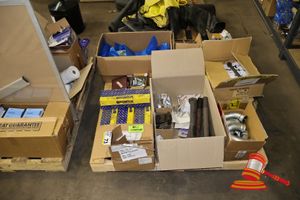 ASSORTED BUILDING PARTS, INCLUDES: BREMICK FASTENERS, JAMES STAINLESS FASTENERS, THREADED BOLTS, METAL ELBOWS, SPRINGS, ANGLE BRACKETS, VARIOUS OTHERS (BOXED), ON A PALLET