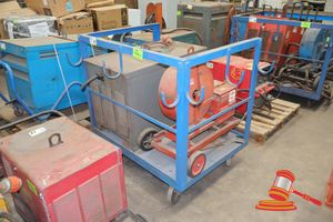 1 X Lincoln Electric Ln-9 Wire Feeder, Code No: 1158, Sn:193455, And 1 X Lincoln Idealarc Dc-600 Dc Arc Welder, Rated Output: 600 Amps - 44 Volts, Input 3 Phase, Code : 1005-1, Sn:190411 ,Mounted On Blue Wheeled Cart With Diamond Plate Base, Approx 1.2m X 900mm X1.2m H, Untested (Some Marks/Rust)