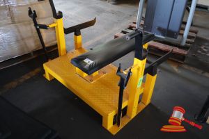 YELLOW VALHALLA STRENGTH BENCH PRESS MACHINE WITH DIAMOND PLATE PLATFORM, BLACK PADDED BENCH AND BARBELL RESTS, MISSING LOCKING PINS, APPROX; 1.3M L X 1.25M W X 940MM H, SOME MARKS