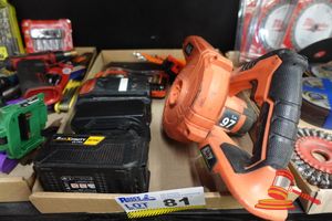 1 X Aeg Leaf Blower, Orange, 1 X Black Tool Case With Screwdriver Bit Set And Accessories, Plus 3 X Battery Various Brands, Plus Various Hand Tools Including Orange Handled Drivers And Red Allen Key Set (Untested)