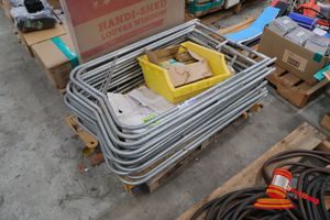 58 · ASSORTED HARDWARE AND SUPPLIES, YELLOW BIN WITH BOSTITCH STAPLES, APPROX 10 X METAL SIGN FRAMES, APPROX 5 X YELLOW LIFTING FRAMES, ON A PALLET