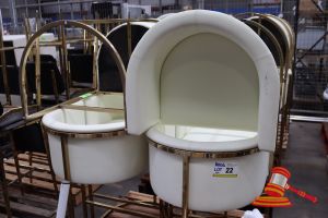 6 X Upholstered Tub Style Stools, White Leather-Look With Gold Metal Frames, On Pallets, General Wear And Tear, Some Marks On Vinyl