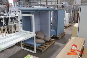 18 · 2 X OFFICE BOOTH / ACOUSTIC POD, WITH SEATING AND CUSHIONS, BLUE/GREY UPHOLSTERY, L1430 X W760 X H1400 (SOME MARKS)