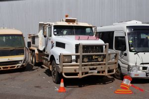 5 · 1997 International 3600 S Line Tipper Truck White, Manual, Diesel Reg #: KBC10386, Expiry: 9/12/2026 ODO: 224,540 Kms Showing on Clock Eng #: 34852521, VIN: 6F2EF3600VDD00488 Features: Bullbar, Toolbox, Fire Extinguisher. (*Key # 136, WP#4892*) Condition: **Rust Evident, Trims Missing In Cab.** Panel: FAIR, Paint: FAIR, Glass: FAIR, Tyres: FAIR, Dash: POOR, Upholstery: POOR, Floor: FAIR, Overall Condition: FAIR