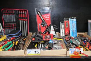 73 · TRAY OF VARIOUS TOOLS, INCLUDING TRADE FLAME UTILITY TORCH, XTREME 3/8" DR 65MM NUT SETTER SET, DEWALT ELITE SERIES SOCKET ADAPTER SET, PRO-SET SWS ADJUSTABLE SPANNER WRENCH SET, VARIOUS OTHERS, WERA SCREW DRIVER SET