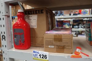 2x BOXES OF RED CLASSROOM PAINT AND BOX OF PENCIL CASES