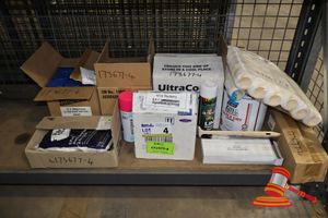 Approx 6 X Boxes Of Painting Supplies, Includes: Ultracolor Line Marking Paint, Anchor Heat Resistant Spray Paint, Pak-Writer Marking Paint, Dulux Spray Purple Eden, Dymark Zinc Guard Quick Dry Enamel, Various Paint Rollers And Accessories