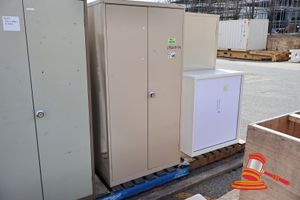 1 X BEIGE METAL STORAGE CABINET, 2 DOOR, APPROX 1.8M HEIGHT (SOME MARKS)