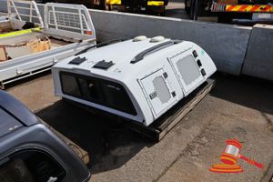 43 · 1 X CANOPY, WHITE WITH GREY TRIM, FIBERGLASS, DUAL ACCESS DOORS, ROOF VENTS, REAR SLIDING WINDOWS (SOME MARKS)