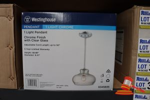 303 · WESTINGHOUSE LIGHT PENDANT, CHROME FINISH WITH CLEAR GLASS, ADJUSTABLE CORD LENGTH UP TO 50", HEIGHT: 58.88", DIAMETER: 9.41", CODE: 6345835