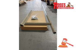 341 · SLOTTED ANGLED SHELVING, CONSISTED OF 4x ANGLES (3635mm), 10x ANGLES (1195mm), 10x ANGLES (610mm) AND 5x CHIPBOARD SHELVES (1210 x 605 x 16mm) WITH NUTS & BOLTS (UN-ASSEMBLED)