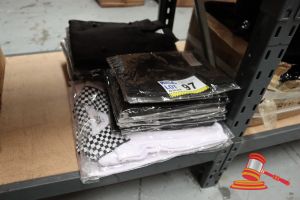 97 · BUNDLE OF EXTRA SMALL CHEFS UNIFORMS INCLUDING: WHITE SHORT SLEEVE CHEFS POLOS, BLACK SHORT SLEEVE CHEFS JACKETS AND BLACK APRONS