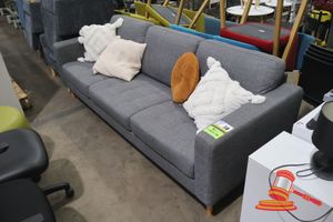 38 · 1 X GREY FABRIC 3-SEATER SOFA, WITH PILLOWS (SOME MARKS)