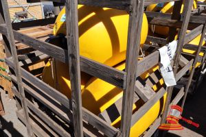 172 · 3 X YELLOW BOUYS WITH HOOK ATTACHMENT, APPROX; 800MM L X 410MM D, SOME MARKS, IN A WOODEN CRATE,