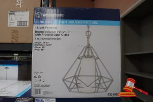 WESTINGHOUSE PENDANT LIGHT, BRUSHED NICKLE FINISH WITH FROSTED OPAL GLASS, HEIGHT: 19.37", DIAMETER: 15.91", CHAIN: 36", WIRE: 36", CODE: 6324535