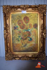 Reproduction Oil on Canvas Sunflower Series by Vincent Van Gogh Mounted on Ornate Gilt Edge Frame, *Dimensions of Painting: 885mm x 590mm *Dimensions of Frame: 1260mm x 950mm