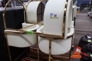 6 X Upholstered Tub Style Stools, White Leather-Look With Gold Metal Frames, On Pallets, General Wear And Tear, Some Marks On Vinyl