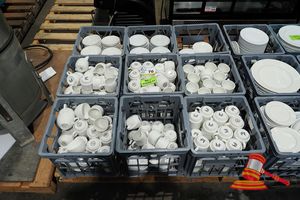 70 · 9 X CRATES OF ASSORTED WHITE CERAMIC CUPS AND SAUCERS