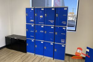 4 X 4 Door Single Lockers. Blue/Grey. Plastic. Lockable. Approx 380 X 500 X H1940mm