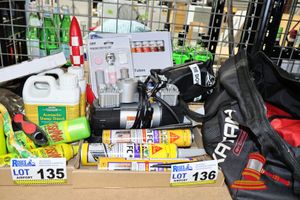 TRAY CONTAINING 1 X PORTABLE 12V AIR COMPRESSOR, 3 X TUBES SIKAFLEX 11FC ADHESIVE, 1 X TIE DOWN STRAP IN BAG, 1 X PEDICURE FOOT FILE SET (BOXED), 2 X PACKETS OF OIL PAINT TUBES.