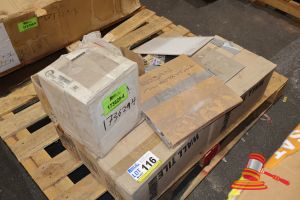 116 · ASSORTED TILES AND GROUT IN VARIOUS COLOURS AND SIZES, INCLUDES COLORO TILE GROUT, WHITE CERAMIC APPROX; 380MM L X 220MM W, GREY SQUARE TILES APPROX; 170 X 170MM AND VARIOUS OTHERS ON A PALLET