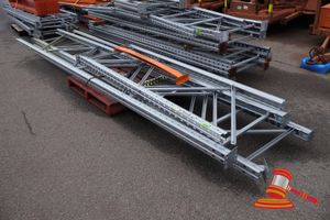 3 X Steel Pallet Racking Uprights, Approx; 4.5m L X 940mm W, 1 X Steel Pallet Racking Upright, Approx; 840mm W X 2.6m L, 1 X Orange Steel Crossbeam, Approx; 1.4m L, Some Marks/Rust, On A Pallet