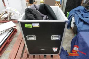 6 · BLACK ROAD CASE WITH LID, APPROX; 710MM W X 710MM D X 1200MM H, CONTAINING ASSORTED BLANKETS AND PILLOWS, SOME MARKS, ON A PALLET