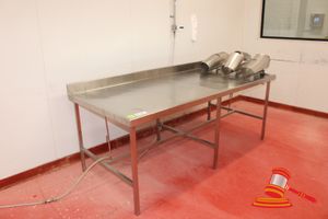 Hd Stainless Steel Work/Processing Table (Tiltable) With Splash Back, Drainage Channel And Drainage Holes (3). Approx 2260 X 1040 X H900mm. Includes 3 X Removable Stainless Steel Chutes With Table Clamps