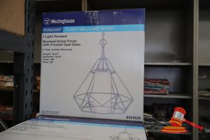 WESTINGHOUSE LIGHT PENDANT, BRUSHED NICKEL FINISH WITH FROSTED OPAL GLASS, HEIGHT: 19.37", DIAMETER: 15.91", CHAIN: 36", WIRE: 36", CODE: 632435