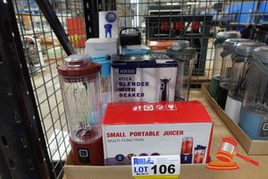 106 · 10 X PORTABLE BLENDERS AND JUICERS, INCLUDES: TROPEAKA PORTABLE BLENDER, NUTRI BULLET, ANKO PORTABLE USB MINI BLENDER, ADESSO STICK BLENDER WITH BEAKER, SMALL PORTABLE JUICER MULTI-FUNCTION