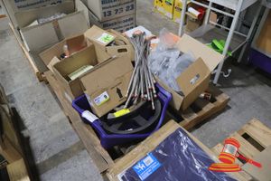9 · PALLET OF ASSORTED METAL FITTINGS INCLUDING PIPE CLAMPS, STRUCTURAL NUTS & BOLTS, STAINLESS STEEL BRAIDED FLEXIBLE HOSES, SPECK TRIPLEX PLUNGER PUMP M: NP25/70-140, DOOR LATCH ASSEMBLY, ETC