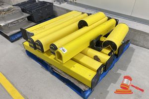 11 X Mpm Metal Bollards With Base Plates And Flexable Yellow Plastic Protective Covers (Height Approx 1200mm) And 2 X Corner Protectors (Height Approx 500mm)