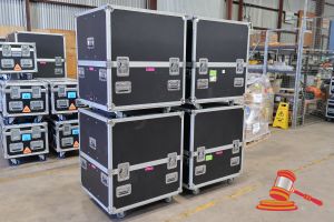 4 X GIG GEAR AUSTRALIA MOBILE ROAD CASE (BLACK) WITH CUSTOM INTERNAL PARTITIONING. USED FOR STORAGE OF HALO SCREENS. LAMINATED PLYWOOD CONSTRUCTION. CASE DIMENSIONS 780 X 875 X H930MM