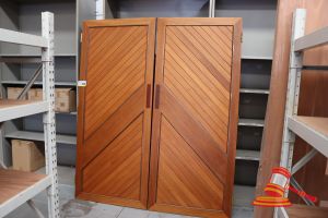 344 · PAIR OF SOLID JARRAH ENTRANCE DOORS WITH BRASS INLAYS, APPROX H2060 x W857mm WITH SOLID BRASS HINGES (TWO MAN LIFT)