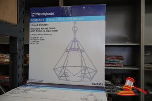 WESTINGHOUSE LIGHT PENDANT, BRUSHED NICKEL FINISH WITH FROSTED OPAL GLASS, HEIGHT: 19.37", DIAMETER: 15.91", CHAIN: 36", WIRE: 36", CODE: 632435